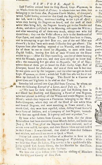 (SLAVERY.) Newspaper accounts of two early slave rebellions, one in Curaçao and one on a slave ship off the coast of Africa,                     